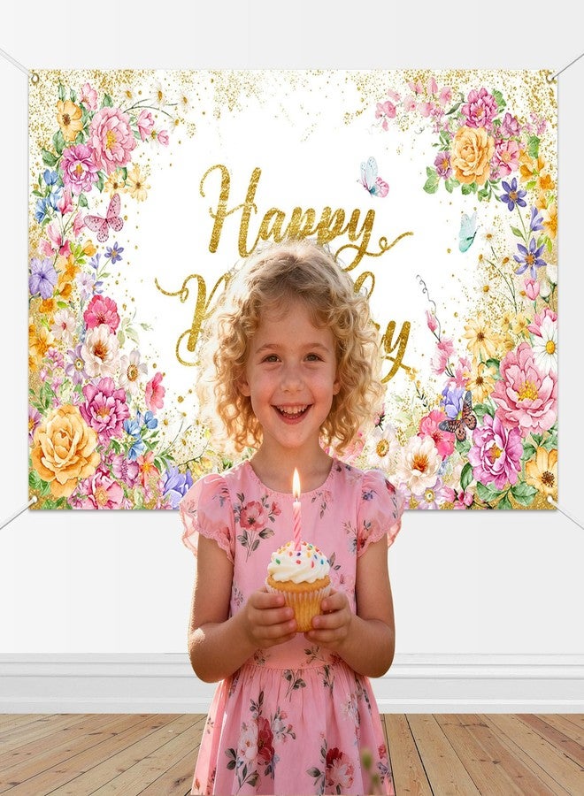 Mocsicka Happy Birthday Banner Pink Floral Wildflowers Birthday Party Decorations for Women Girls Party Photography Backdrop Supplies (Pink, 70.8 x 43.3 Inch) - Image 2